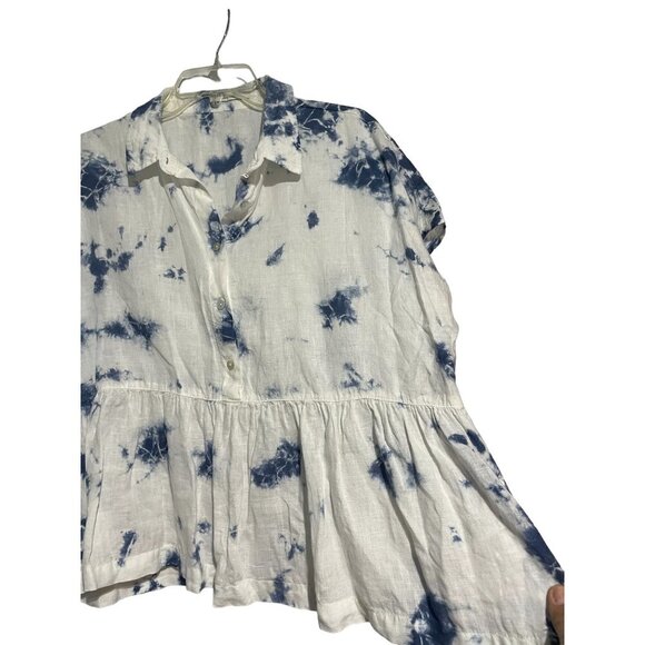 Women's Top Blouse 100% Linen Drop Waist Boho Blue White Size Large - Picture 4 of 5